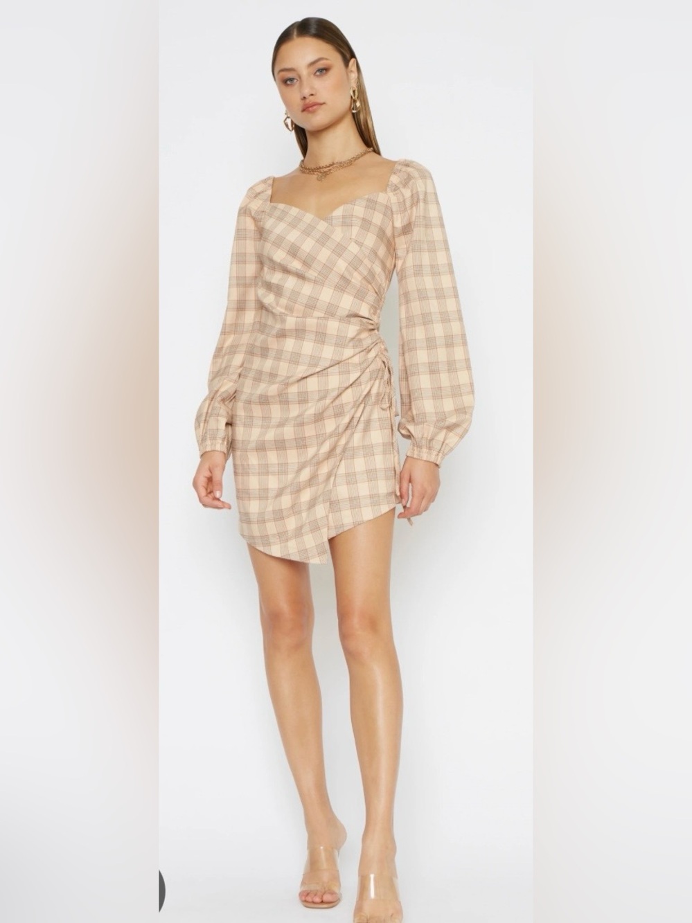 4SI3NNA Beige Plaid Mini Dress